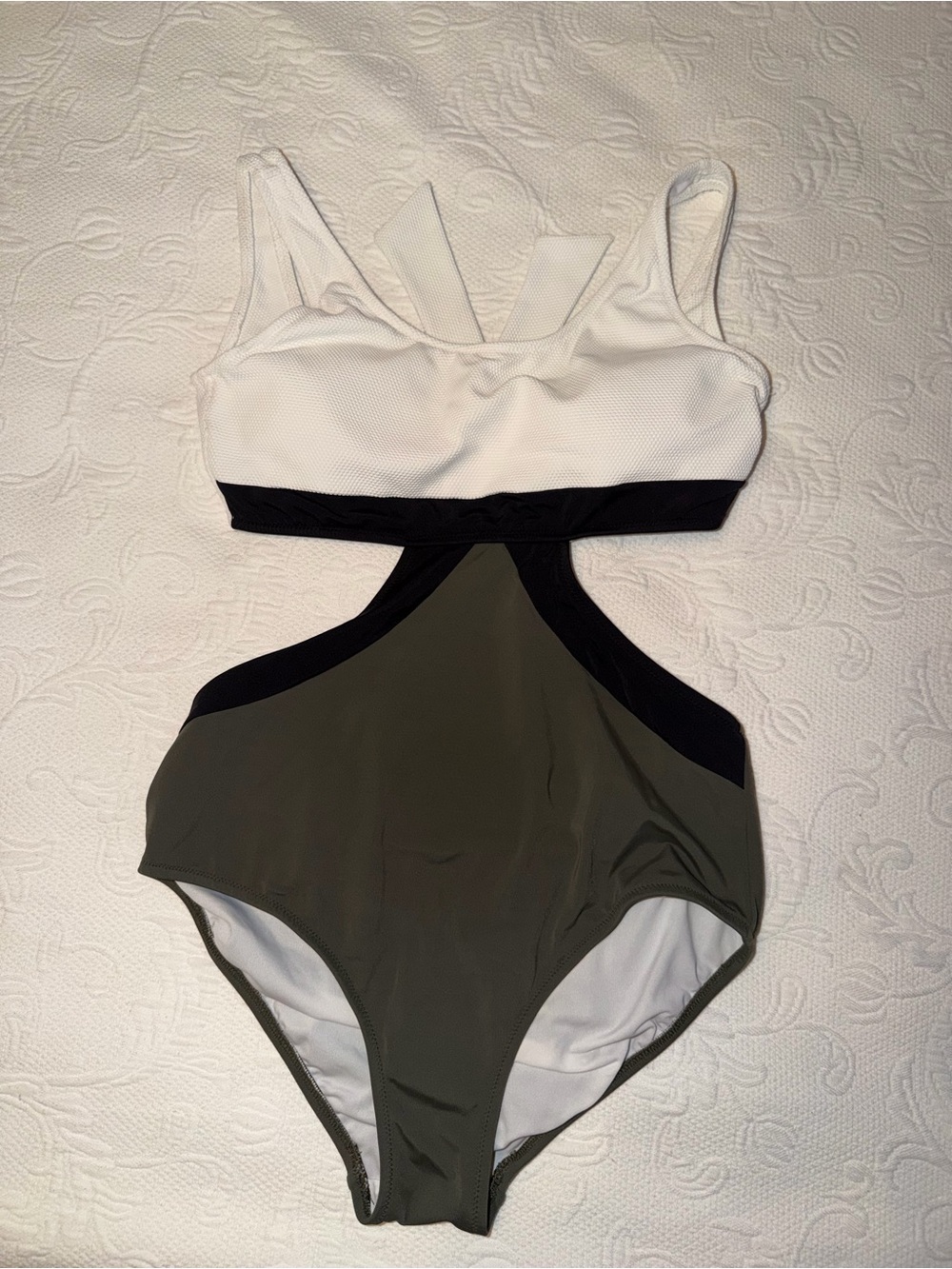 Girls' Two-Tone Cutout One-Piece Swimsuit - White, Olive & Black
